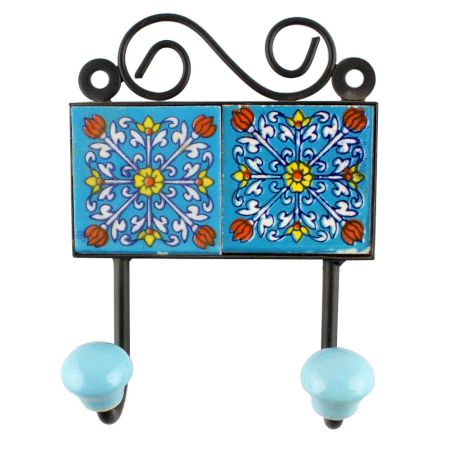 Turquoise Floral Ceramic Tiles Hook 